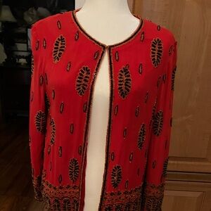 Vintage 1980’s Red Silk Jacket by JMD NY. Embroidered/ black and gold beading.